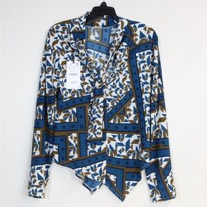 Zara Traufaluc Blue Pink Geometic Scarf Print Long Sleeve V-Neck Blouse